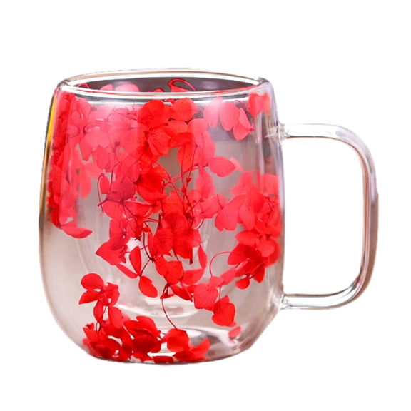 Ruanlalo Double Wall Glass Mug with Floral Inside Insulated Heat Resistant Tea Latte Mug 250ml Cute Coffee Cup for Hot Cold Drinks