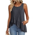 thumbnail image 4 of Pounoo Tank Tops for Women Round Neck Sleeveless Diagonal Ruffle Uneven Hem Tank Plain Crinkle Fabric Sleeveless Tops for Women Flowy Loose Fit Beach Vacation Soft Cute Summer Tops, 4 of 7