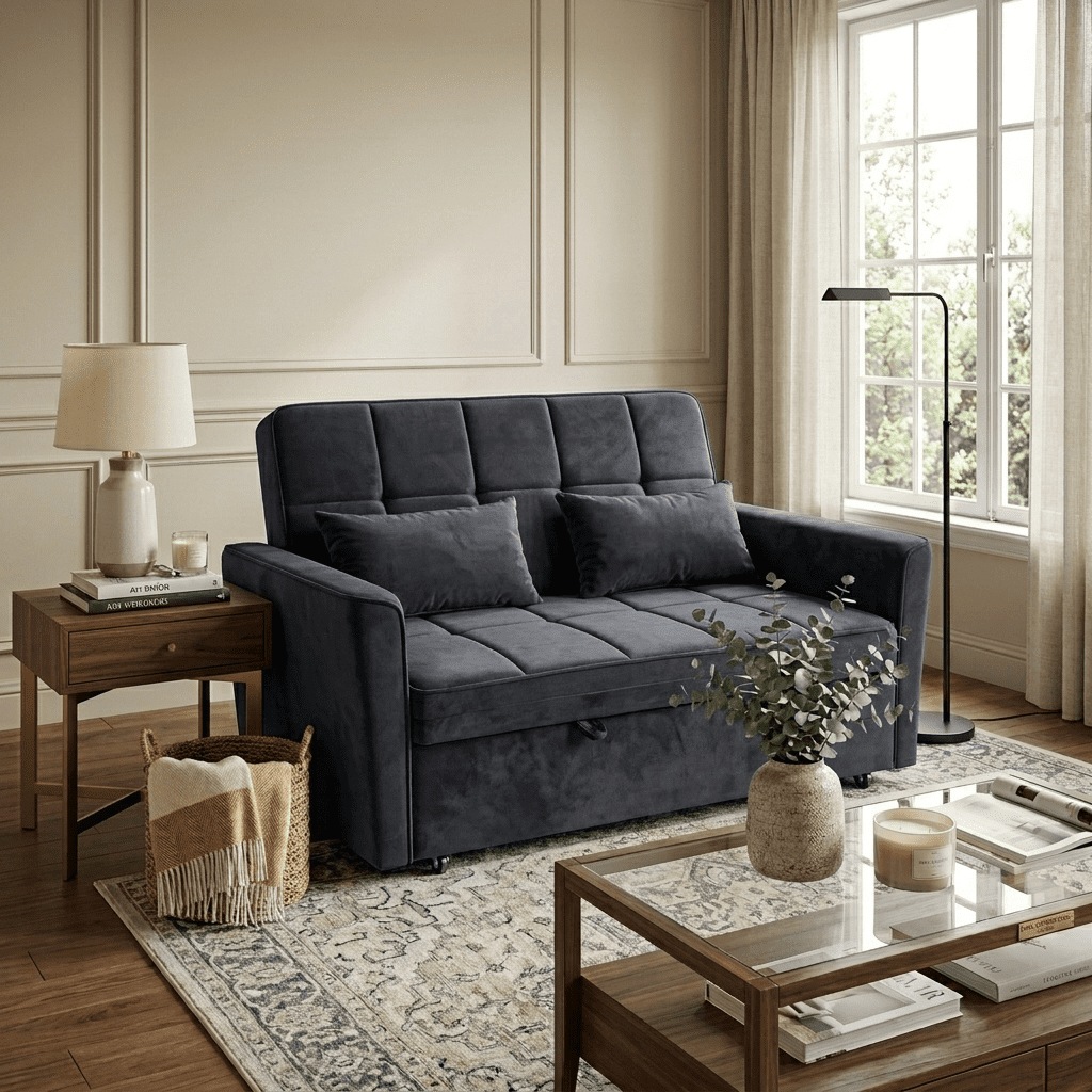 WAKEFIT 54" Pull-Out Sleeper Sofa Bed,3-in-1 Convertible Loveseat Couch with Adjustable Backrest for Small Living Room,Velvet,Black
