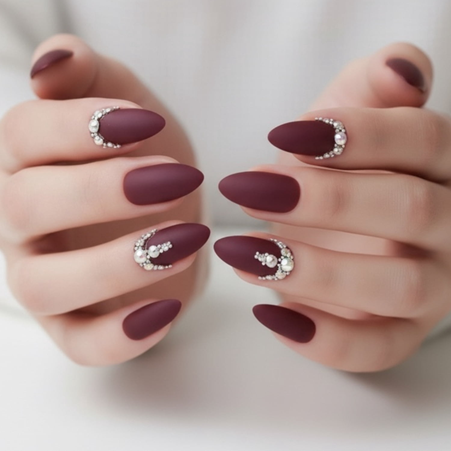 Matte Dark Red Burgundy 3D Crystal Press On Nails, Long Stiletto Fake Nails, Prestige Passion