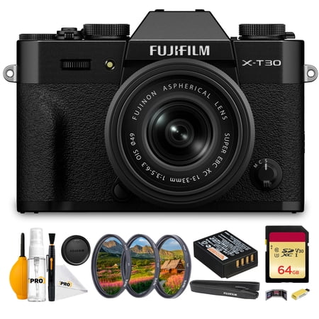 FUJIFILM X-T30 III Mirrorless Camera with 13-33mm f/3.5-6.3 Lens (Black) Bundle With Lens Filter Kit UV/CPL/F 49mm + 64GB Memory Card + Memory Card Wallet + Cleaning Kit