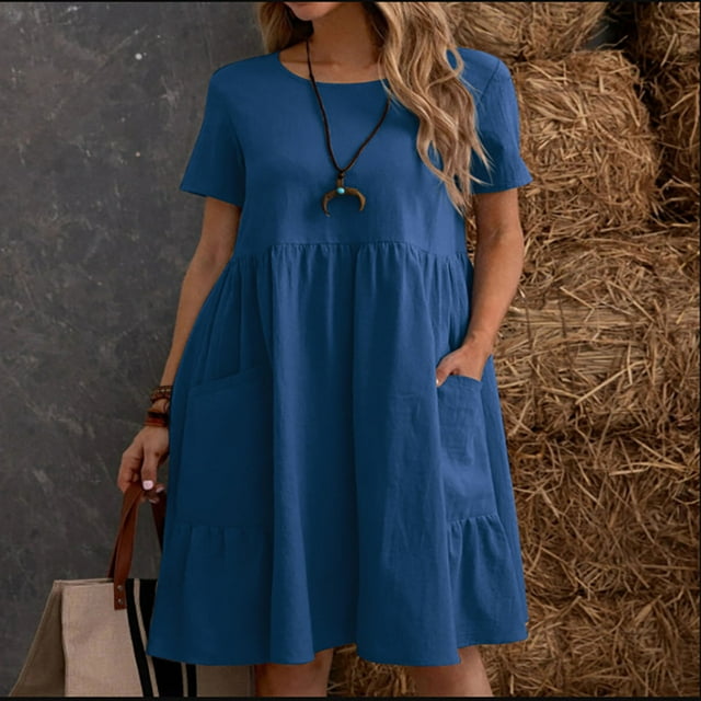 Robes pour Femmes 2024 Été Surdimensionnée Décontractée Aguichant Col Rond Manches Courtes Poches Robe 50 % de Réduction!