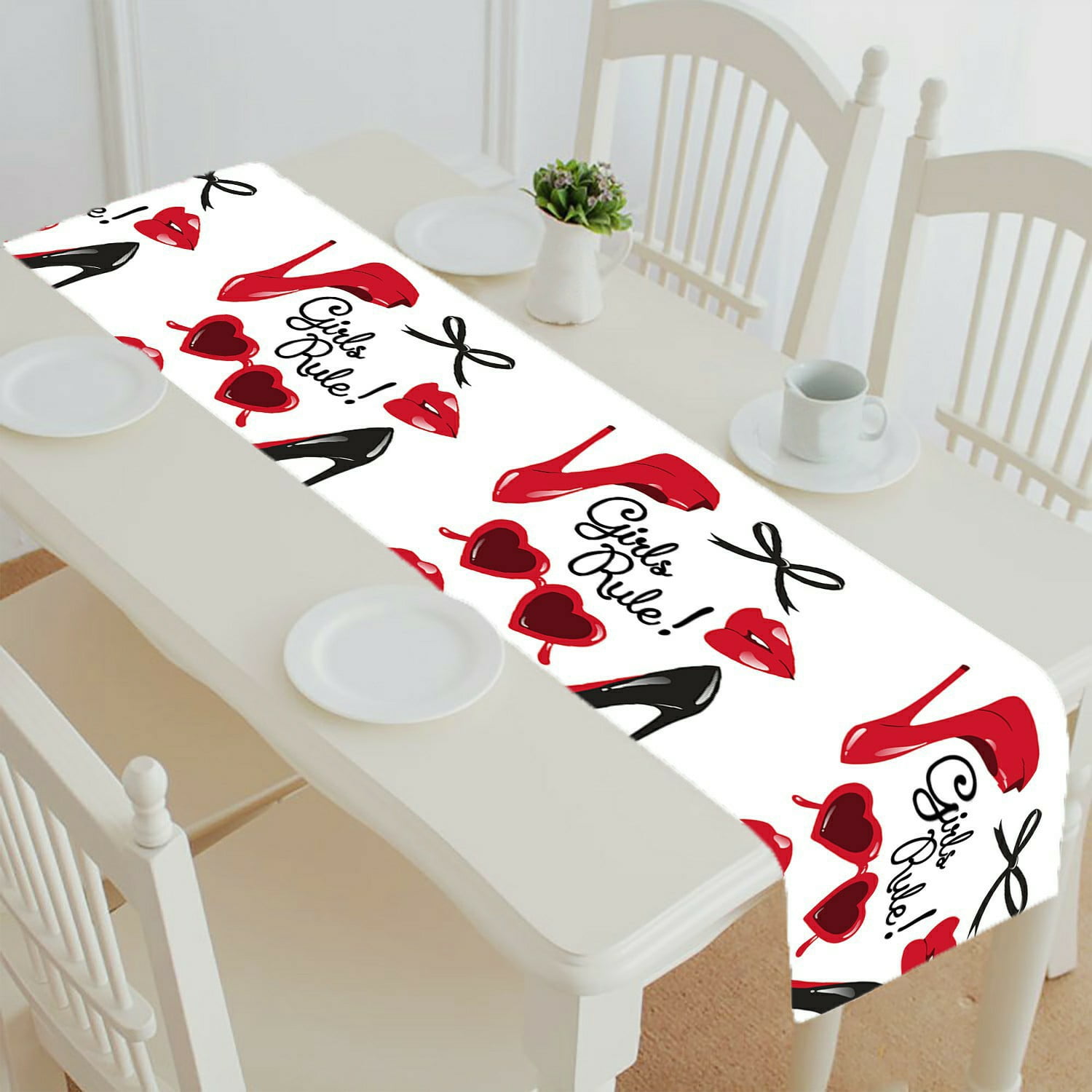 Silhouette of Lady with Red Lips Durable Table Mats Set for Dining Table Cotton Linen Placemats Set of 6 and Table Runner 72 x 16 Parties Catering Events 