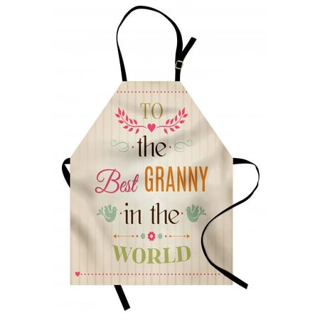 Grandma Apron Best Granny Quote with Bird Silhouettes Leaves and Arrows on Stripes Background, Unisex Kitchen Bib Apron with Adjustable Neck for Cooking Baking Gardening, Multicolor, by