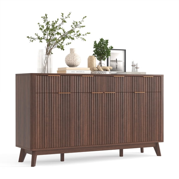 60" Farmhouse Sideboard Buffet Cabinet with 3 Drawers & 4 Doors, Fluted Coffee Bar Station, Walnut