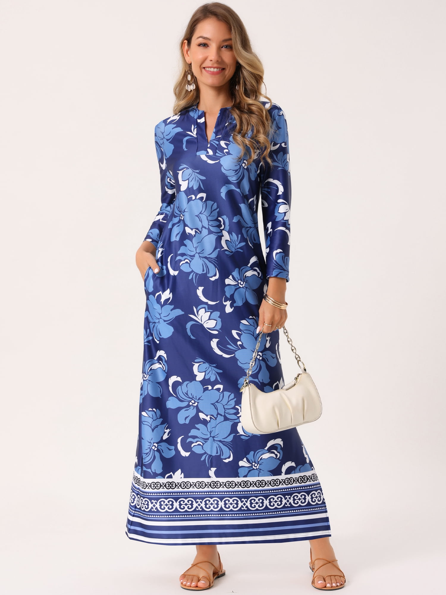 DARING DIVA Boho Long V Neck 3/4 Sleeve Side Slit Floral Maxi Dress L Dark Blue