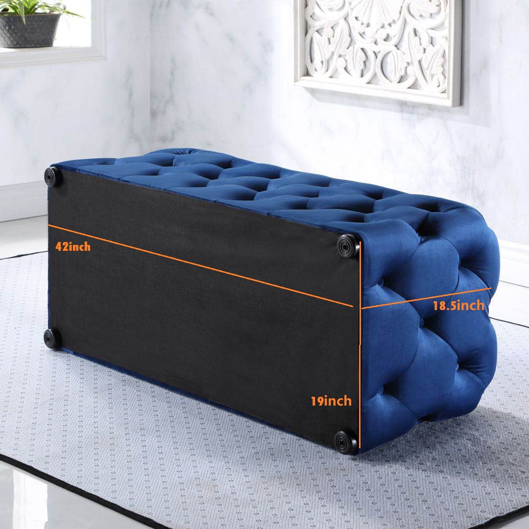 Nathaniel Home Deep Button Tufted Microfiber Ottoman, Upholstered Rectangle Ottoman Seat, for End of Bed Blue