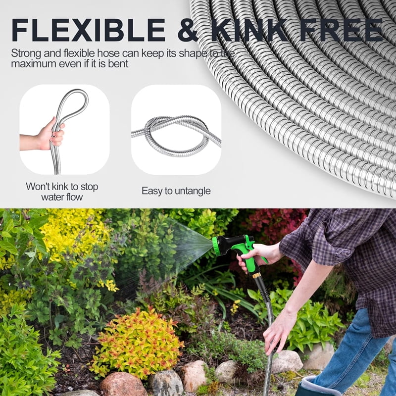 Garden Hose 50ft, Heavy Duty Stainless Steel Water Hose with 10 Functional Nozzles, No Kink, Lightweight and Flexible, Easy to Use and Store, Strong and Sturdy, Suitable for Yard and Lawn