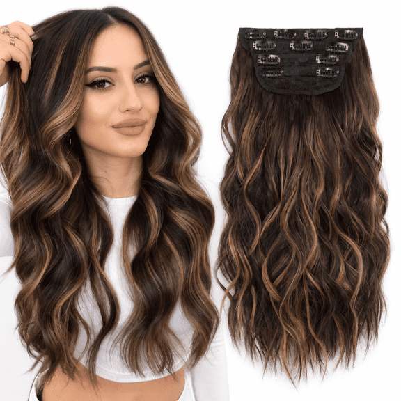 Clip-In Hair Extensions – Long Wavy Synthetic Hair | Invisible Volume Booster, Natural-Looking Hairpiece for Women kit pack