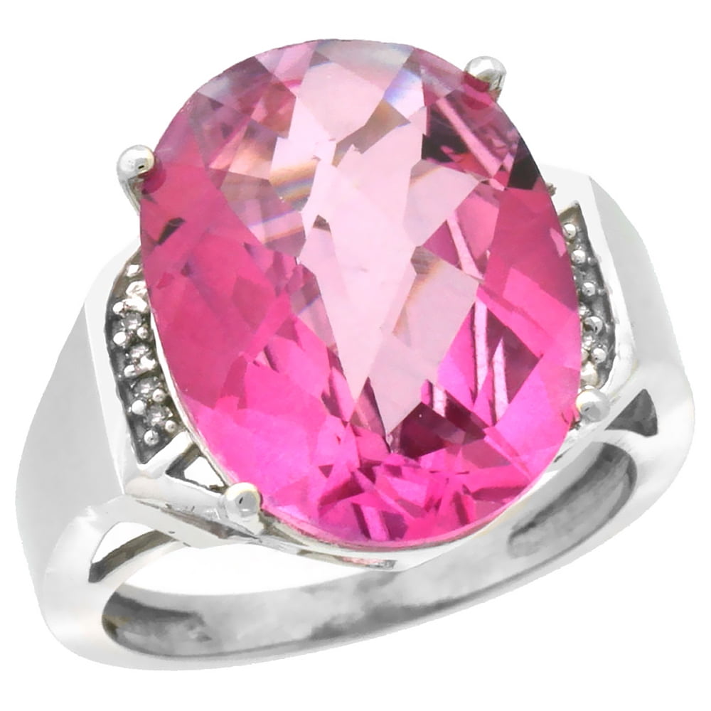 14K White Gold Diamond Natural Pink Topaz Ring Oval 16x12mm, size 6 by Gabriella Gold