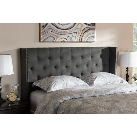 King Size Head Baxton Studio Ally Modern And Contemporary Dark Gray Fabric Button-Tufted Nail head King Size Winged Headboard ()