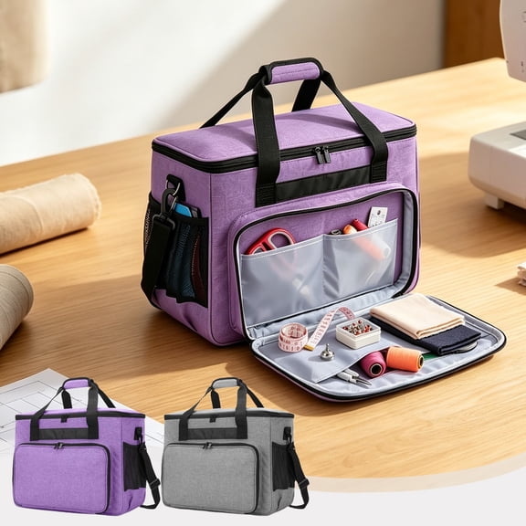 Large Sewing Kit Organizer with Foldable Panel, Water-Resistant Crochet Tote, Multiple Pockets for Yarn and Needles, Purple