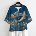 thumbnail image 4 of Xoenoiee Grus Japonensis Sea Waves Cloud Print Cotton Linen Button Down Shirt for Women V Neck Blouse Casual 3/4 Sleeve Tops Loose Fit Cotton Blouses, 4XL, 4 of 7