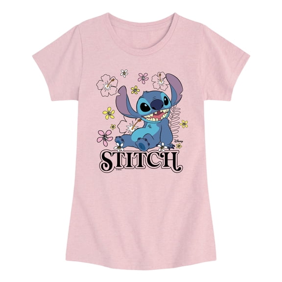 Lilo & Stitch - Stitch Sitting Floral - Youth Girls Fitted Short Sleeve T-Shirt