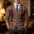 thumbnail image 4 of Samdudou Mens Sweaters Casual V Neck Button Down Plaid Pattern Long Sleeve Knitted Outerwear Classic Ribbed Trim Hem Fall Winter Warm Apparel for Business Work Holiday Gathering, 4 of 8