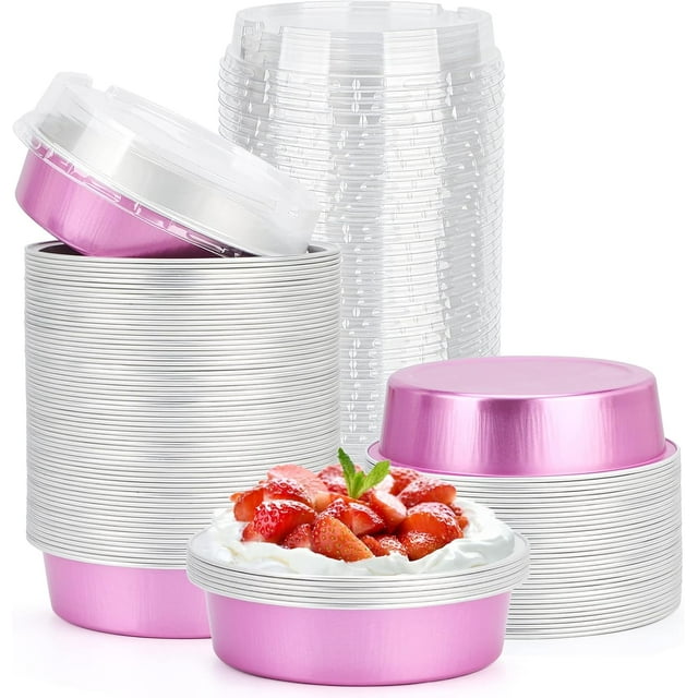 Mini Ramekins with Lids oz Disposable Aluminum Foil Cake Baking Tins Pans Creme Brulee Tart Pie Tins Silver Small Individual Round Containers Oven for Baking