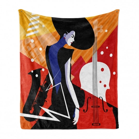 Abstract Woman Soft Flannel Fleece Throw Blanket, Modern Musical Jazz Poster Inspired Artwork with Trumpet, Cozy Plush for Indoor and Outdoor Use, 70" x 90", Charcoal Grey Multicolor, by Ambesonne