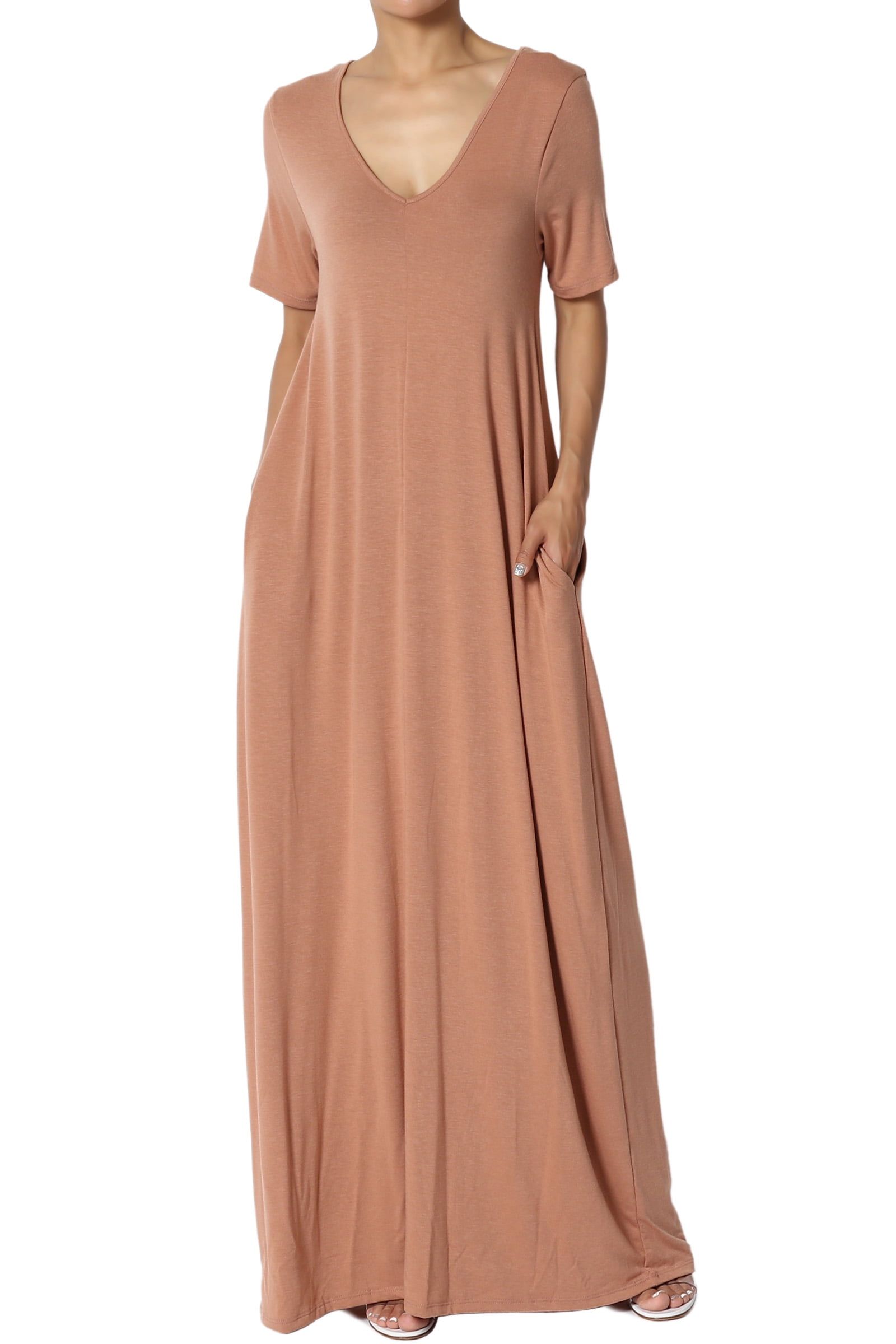 TheMogan S~3X 1//2 Short Sleeve Shirred Viscose Jersey Round Neck Long Maxi Dress