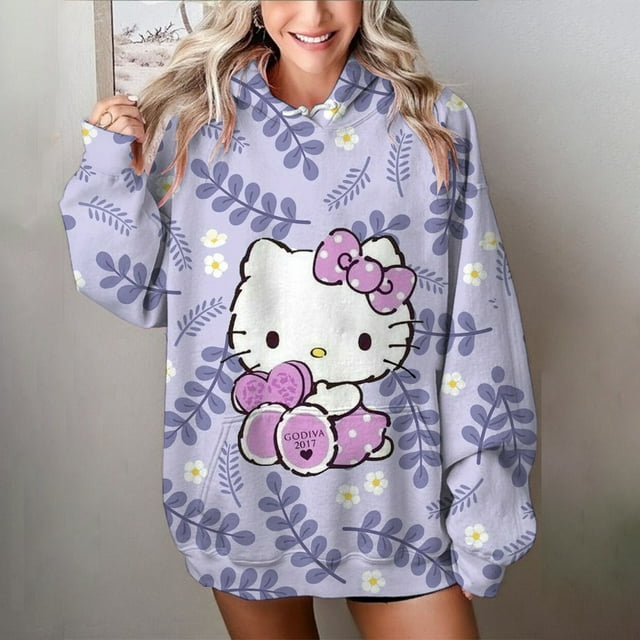 Sudadera con capucha de estilo hip hop para mujer, informal, con estampado de Hello Kitty, de gran tamaño, holgada, a la moda, para otoño