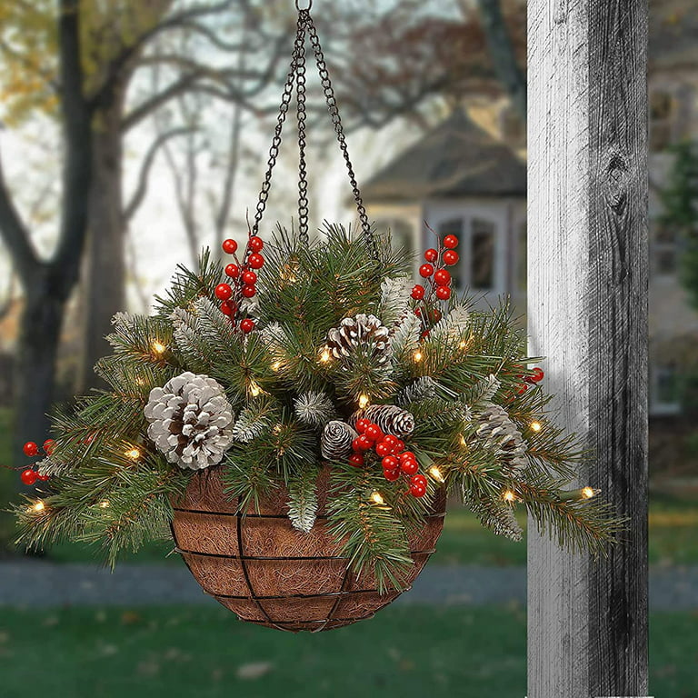 Nokiwiqis Pre-Lit Artificial Christmas Hanging Basket with Led  Lights,Hanging Flowers in Basket with Pine Cones and Berries,Ornament for  Porch Indoor