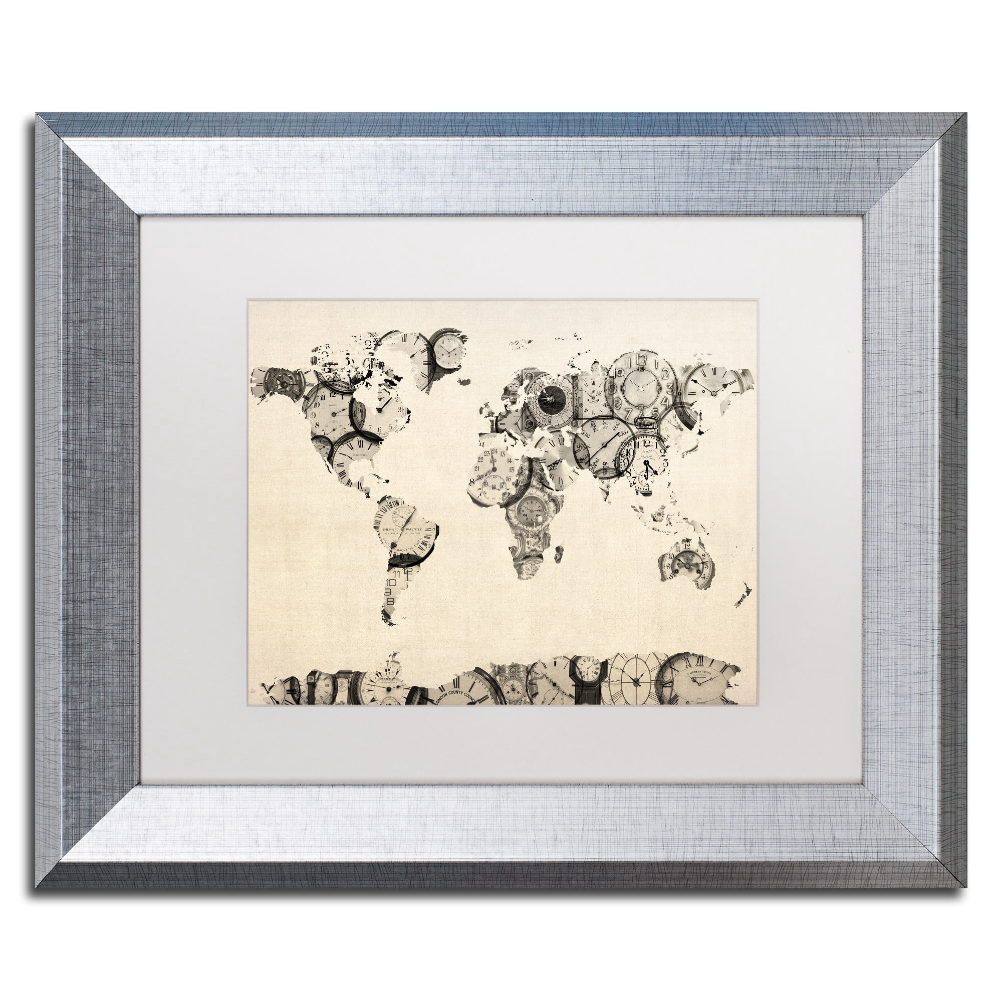 Trademark Fine Art "Old Clocks World Map" Canvas Art by Michael Tompsett White Matte, Silver Frame