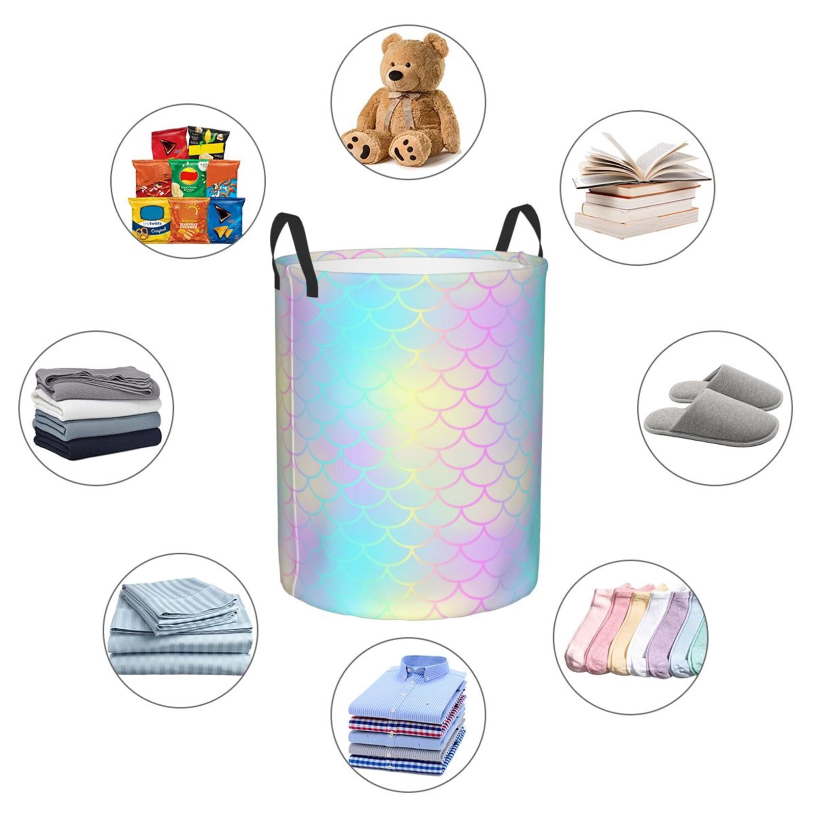 Large Laundry Basket with Handles - Pink Romantic fish scale Kids Baby Dirty Clothes Laundry Hamper for Bedroom Aesthetic
