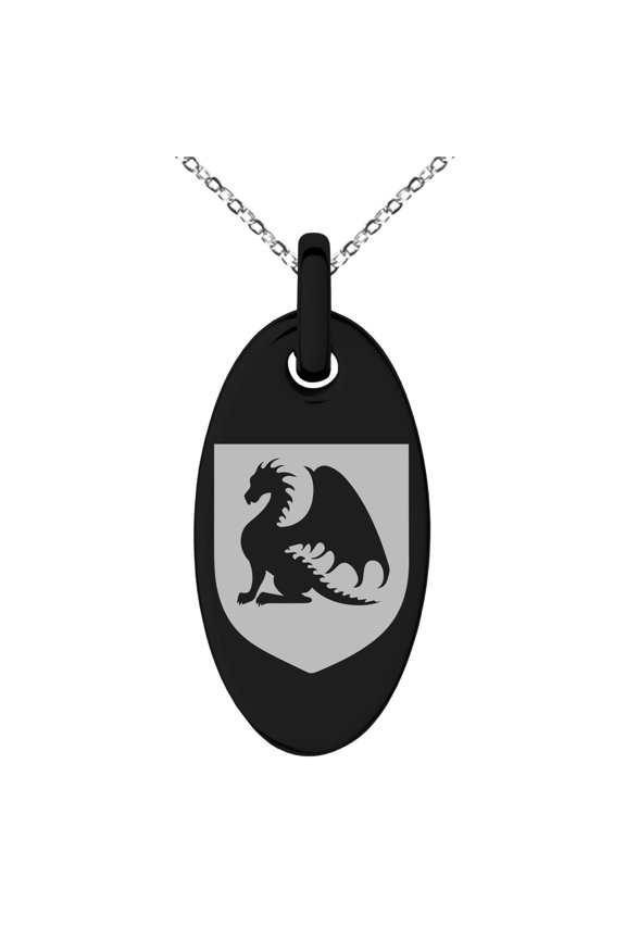Stainless Steel Dragon Guardian Coat of Arms Shield Engraved Small Oval Charm Pendant Necklace
