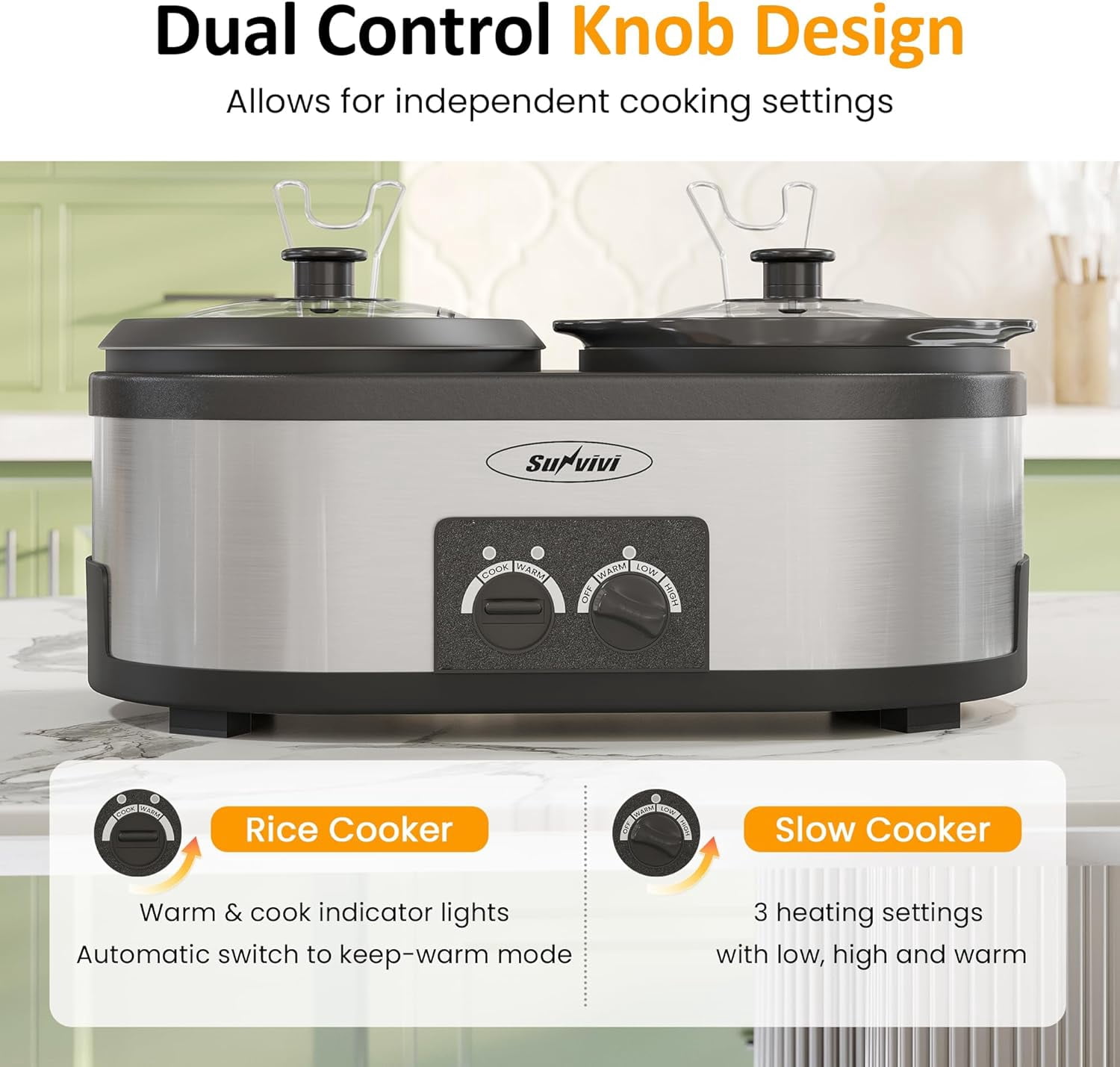 Sunvivi 2 in 1 Slow Cooker and Rice Cooker, Multi Slow Cooker with 1.5 QT Ceramic Pot & 3 Cup Rice Cooker , Non-Stick Aluminum Pot & Indicator Lights, Dual Control Knob, Stainless Steel