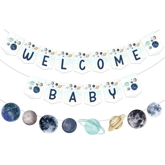 Outer Space Baby Shower Banner Garland for Boy, Universe Welcome Baby Banner Decor for Galaxy Planet Themed Party Supplies