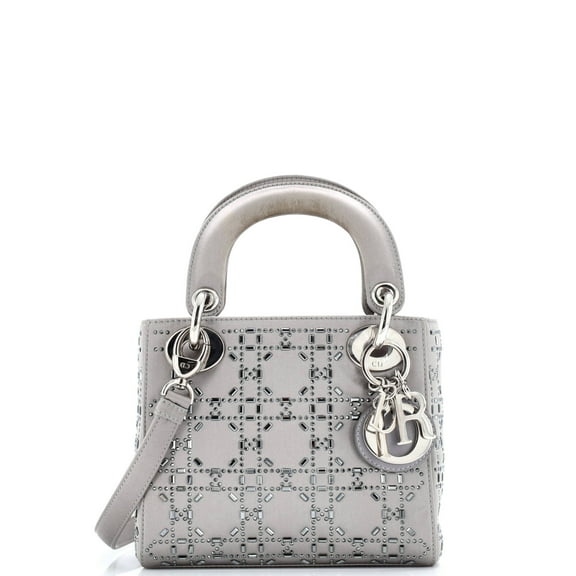 Pre-Owned Lady Dior Bag Crystal Embellished Cannage Quilt Satin Mini By Rebag
