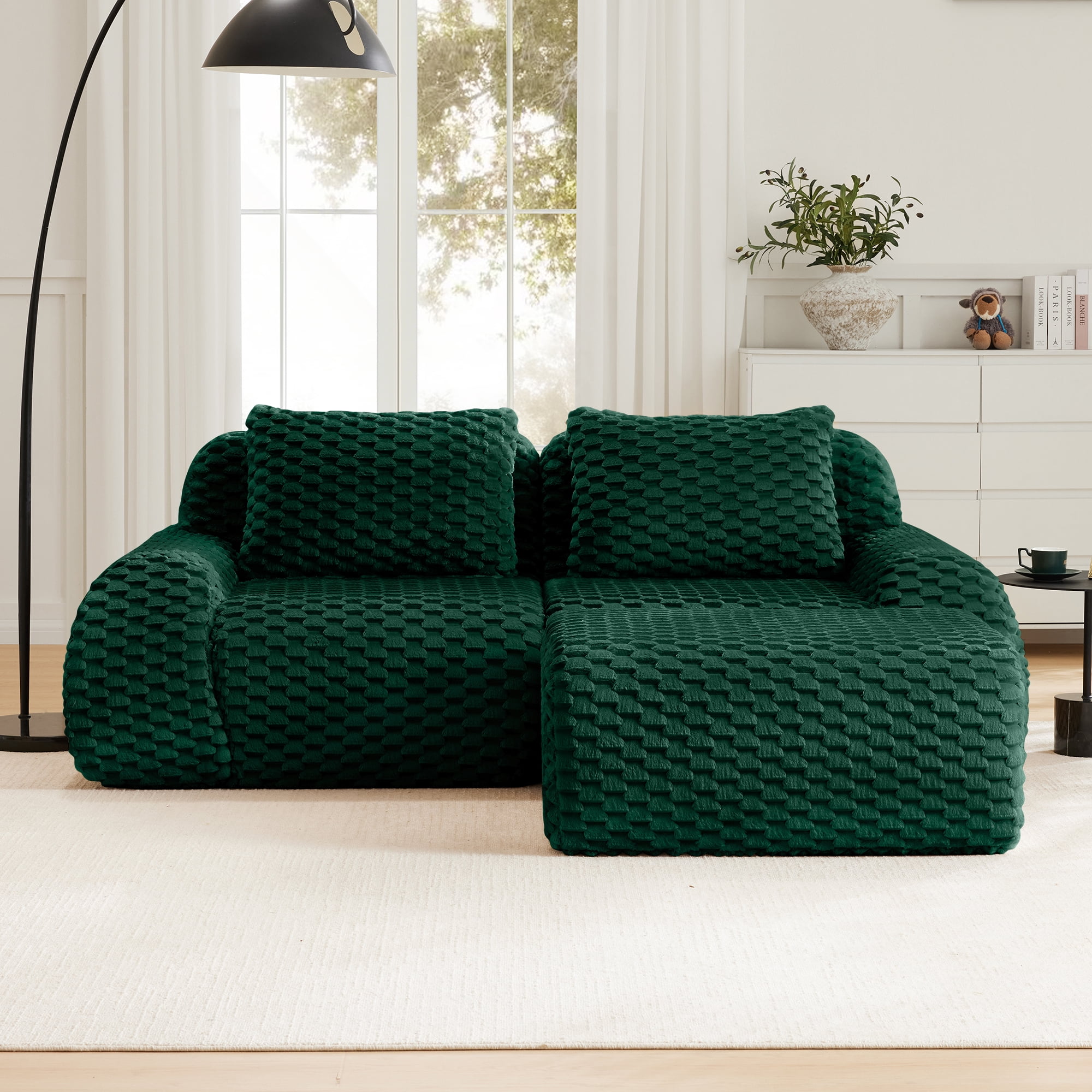 MAYEERTY 82" Modern L-Shaped Sofa, Textured Flannelette, Movable Ottoman, Cloud Comfort, No Assembly, Green
