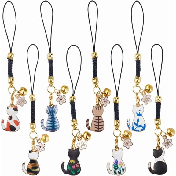 Colorful 1 Box 16Pcs 8 Colors Cat Phone Charms Strap Cute Cellphone Charm Bulk Enamel Flower Bells Animal Back Hanging Lanyard for Mobile Phone Case Diy Wallet Bag Keychain Craft Supplies Adult Women