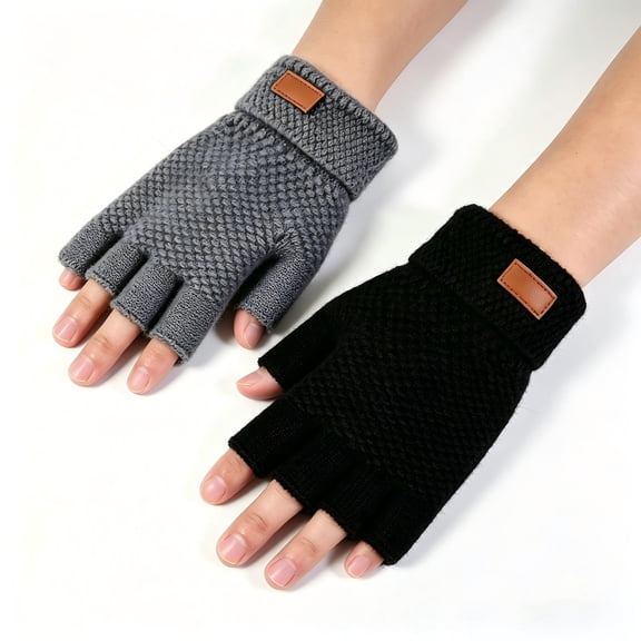 Unisex Thermal Alpaca Wool Fingerless Winter Gloves, Black, One Size, 2 Pairs