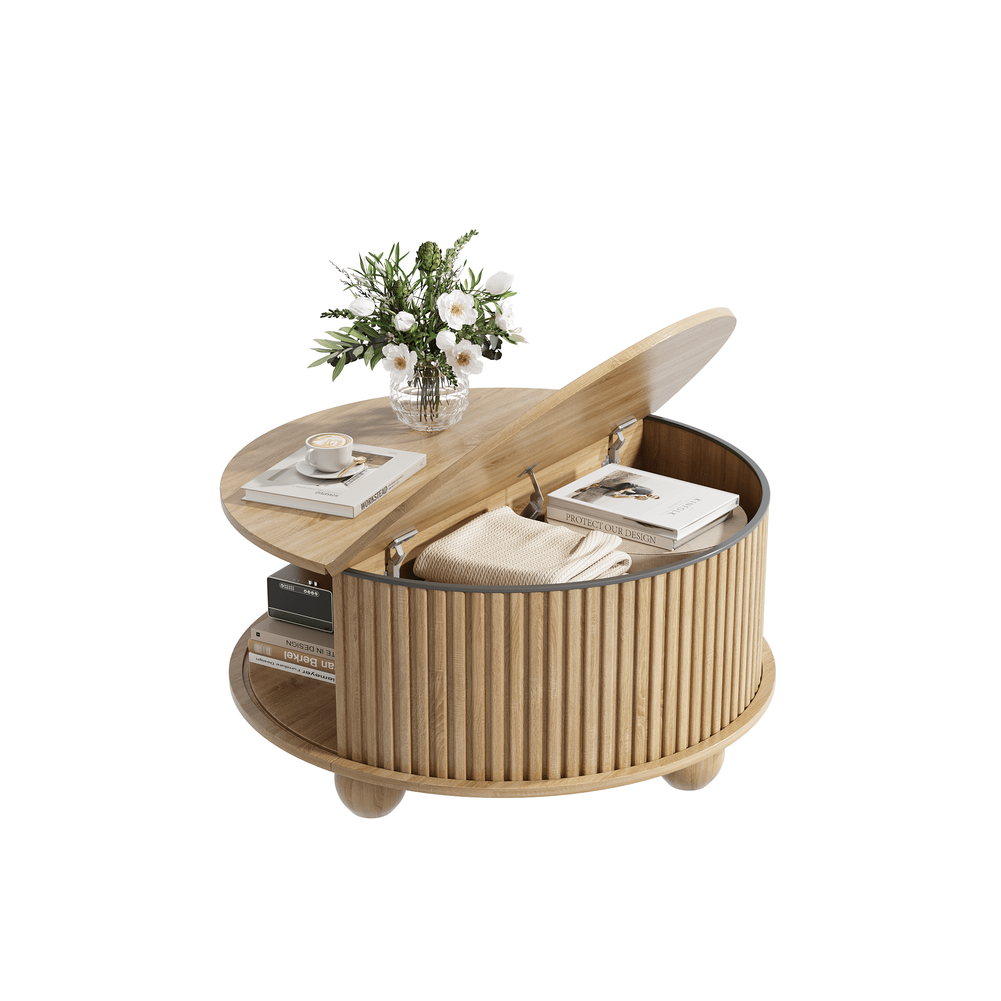 Round Coffee Table with Storage, Accent Fluted Drum Coffee Table with Sliding Door, Mid Century Modern Table for Living Room, Farmhouse Coffee Table for Small Space