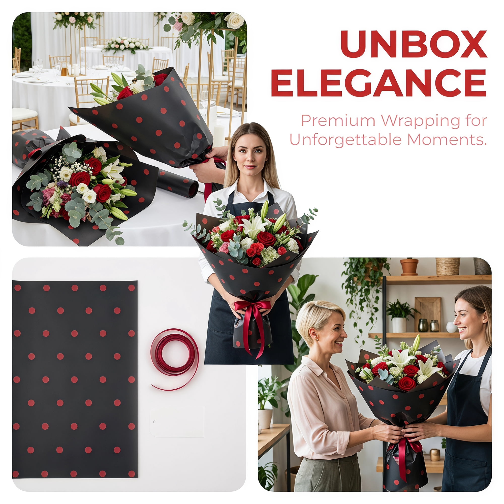 Unique Bargains 20Pcs Polka Dot Waterproof Gift Wrapping Paper Red Black 22.4" x 22.4"
