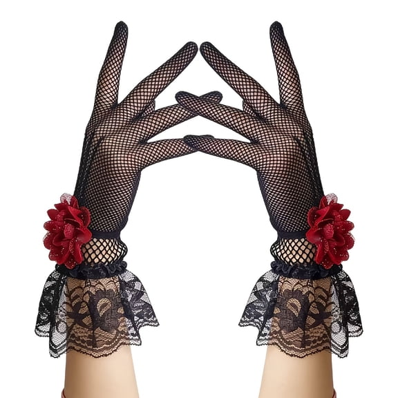 Women's Halloween Lace Gloves with Red Flower Cuff, Gothic Fishnet Long Gloves, Elegant Black Costume Accessories for Party, Cosplay and Special Events