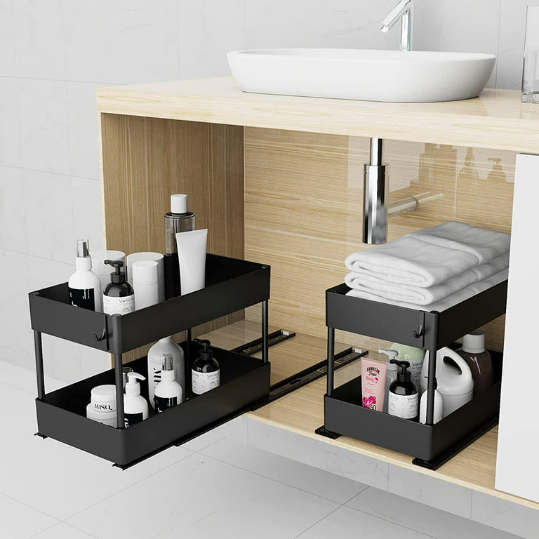 Home Zone Living Pull Out Kitchen Cabinet Organizer with 2 Tiers of Storage for Easy Access, 15W x 20D, Matte Black with Dark Brown, Virtuoso.