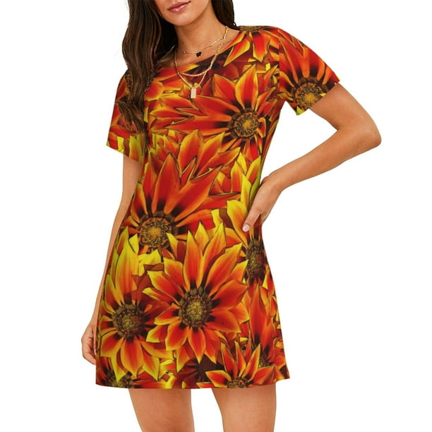 Fotbe Sunflower4 Bata de Dormir para Mujer con Estampado, Camisón de Algodón de Manga Corta, Ropa de Dormir Casual