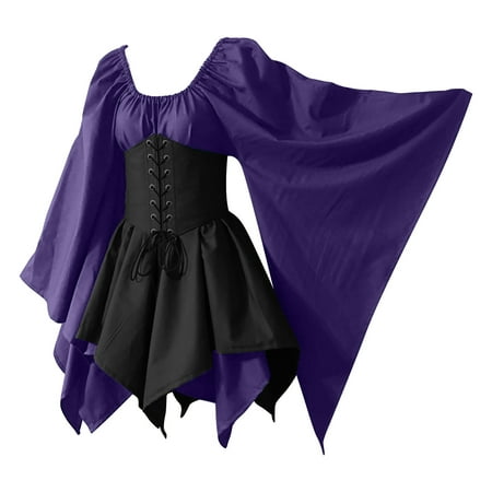 Brglopf Renaissance Medieval Dress for Women Costume Flare Sleeve Corset Skirt Overskirt Over Gown Purple 5XL