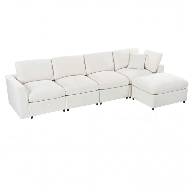 L-Shaped Modular Sectional Sofa, 4-Seater Chenille Couch with Movable Ottoman, Deep Seat Modern Sofa with Solid Wood Frame, 1 Throw Pillow for Living Room & Apartment