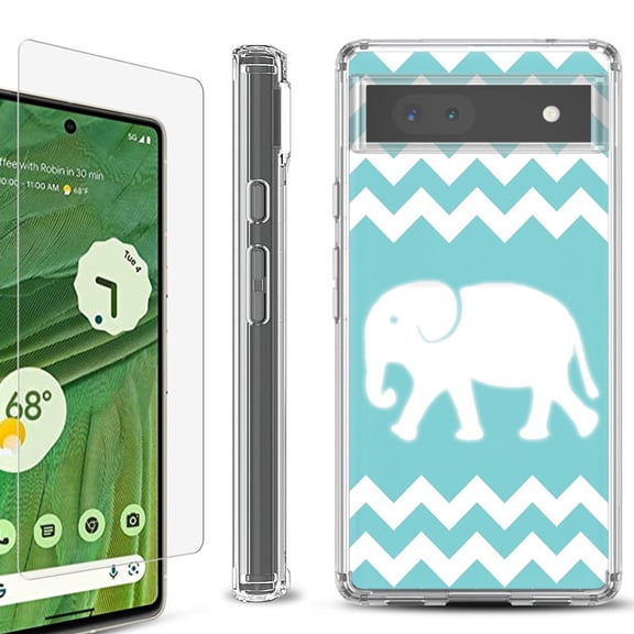 Shockproof Bumper Phone Case for Google Pixel 6a, with Tempered Glass Screen Protector, by OneToughShield ® - Chevron/Elephant