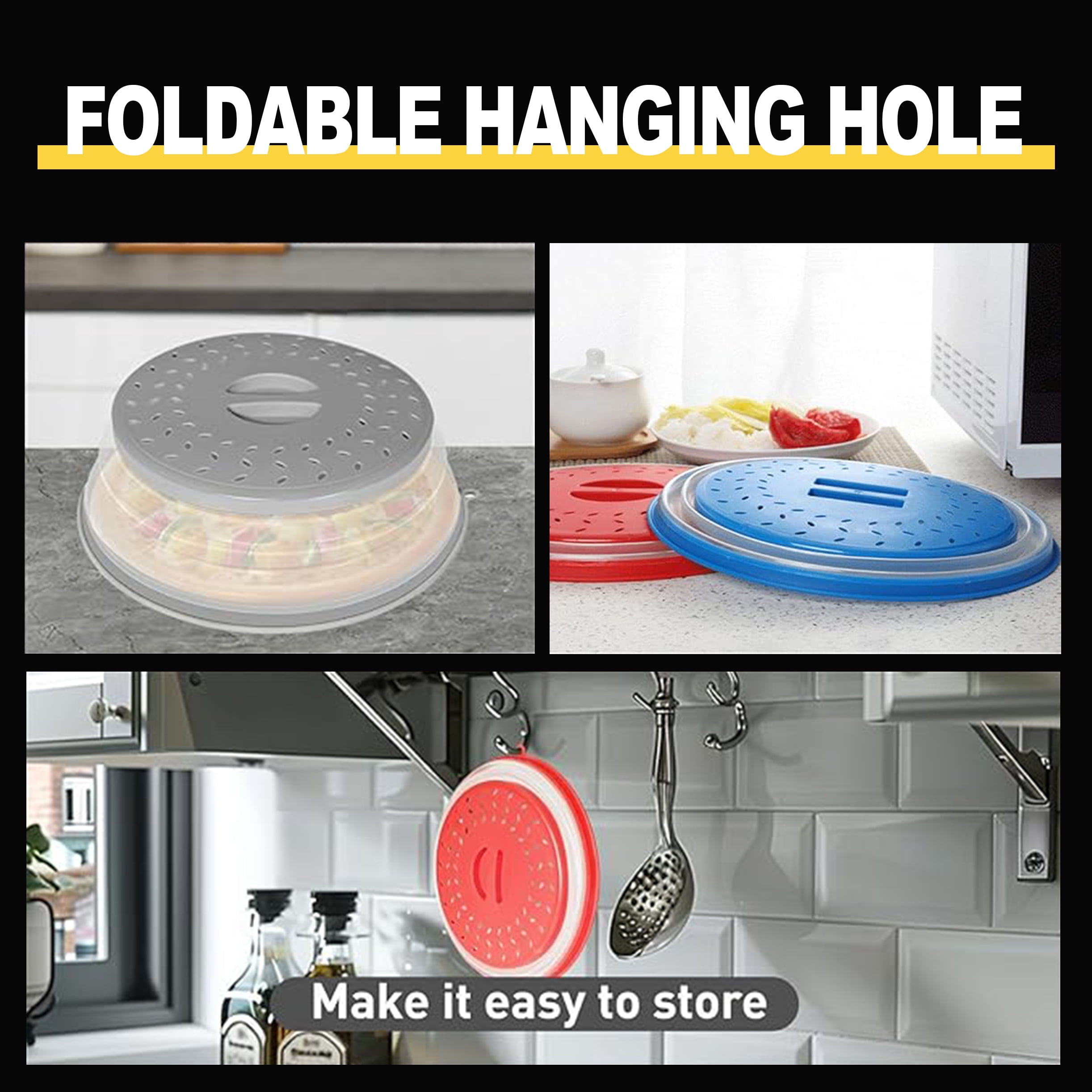 Microwave Splatter Cover Vented for Food, Splatter Guard & Colander Kitchen Gadget for Fruit Vegetables Microwave Plate Cover with Hook Hole,Dishwasher-Safe,BPA-Free Silicone & Plastic （gray）