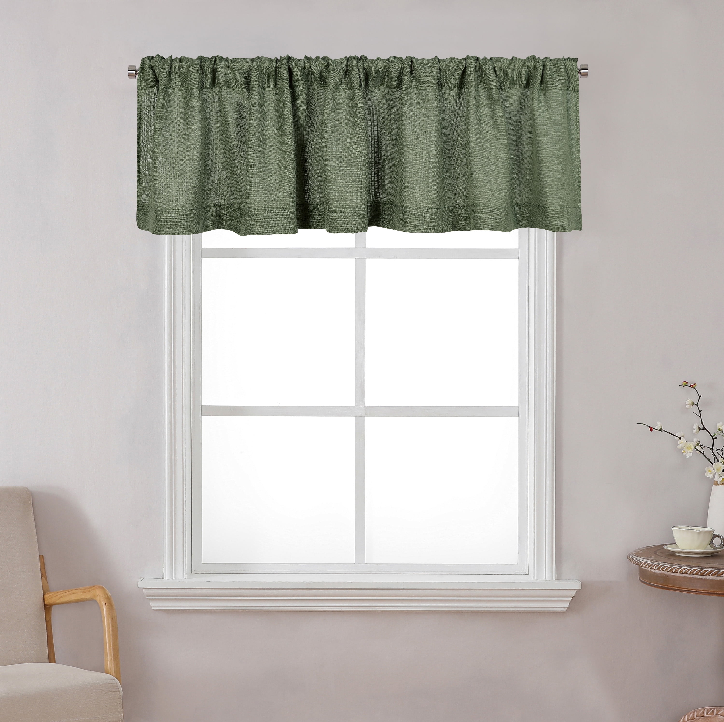 Better Homes & Gardens Linen Blend Light Filtering Rod Pocket Kitchen Curtain Tier and Valance, Set of 3, Dark Cilantro, 60 W x 36 L