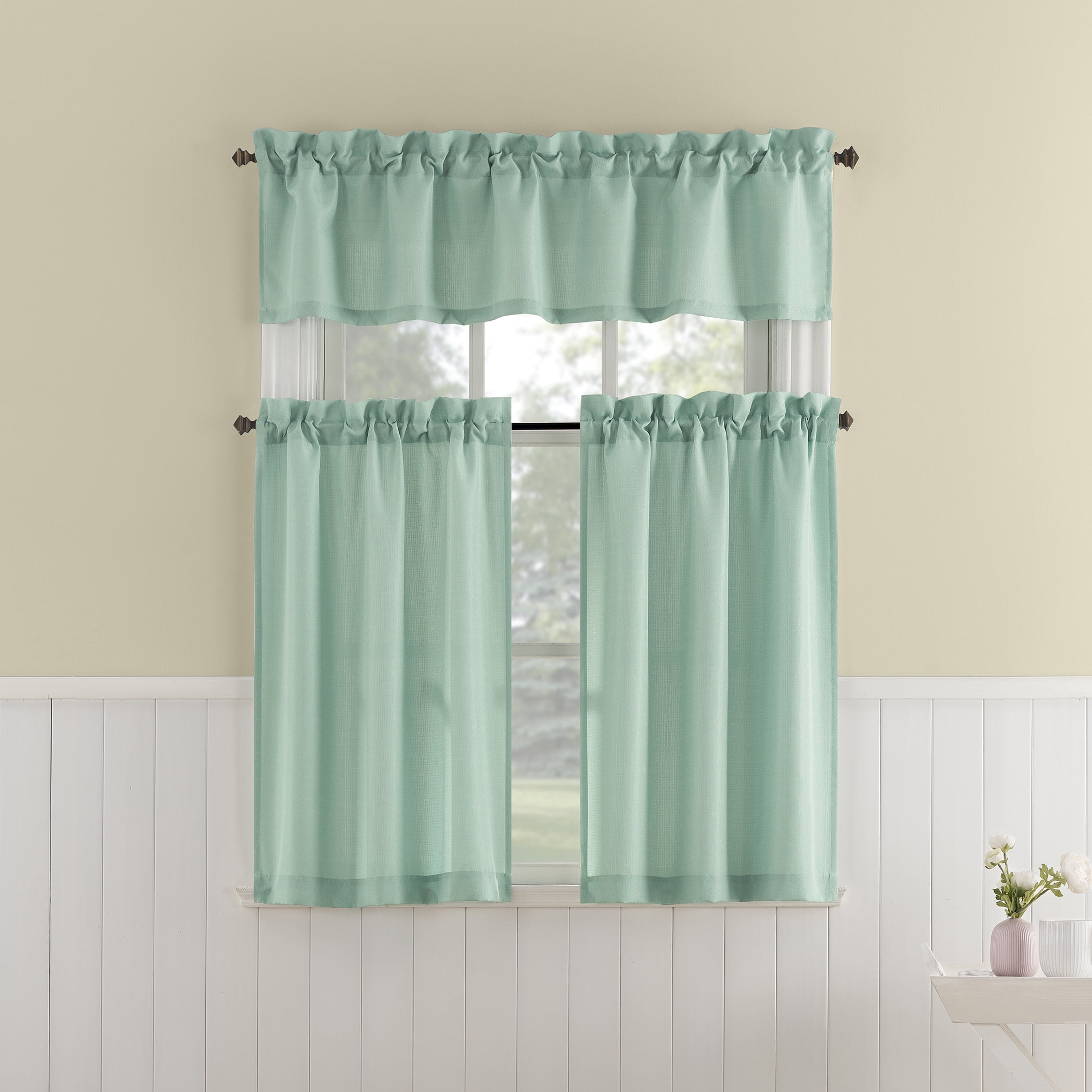 Mainstays 3-Piece Textured Semi Sheer Rod Pocket Kitchen Window Tier Pair and Valance, 2 Café Curtains and 1 Curtain Valance, Aqua, 56"W x 36"L