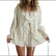 thumbnail image 1 of Traje de Dos Piezas para Mujer con Cuello en V Francés, Camisa Holgada con Volantes y Pantalones Cortos Beige M, 1 of 10