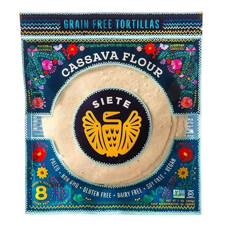 Siete Cassava Grain Free Flour Tortillas. Vegan, Paleo and Gluten Free Tortillas. (1-Pack, 8 Tortillas)( Pack of 2 )