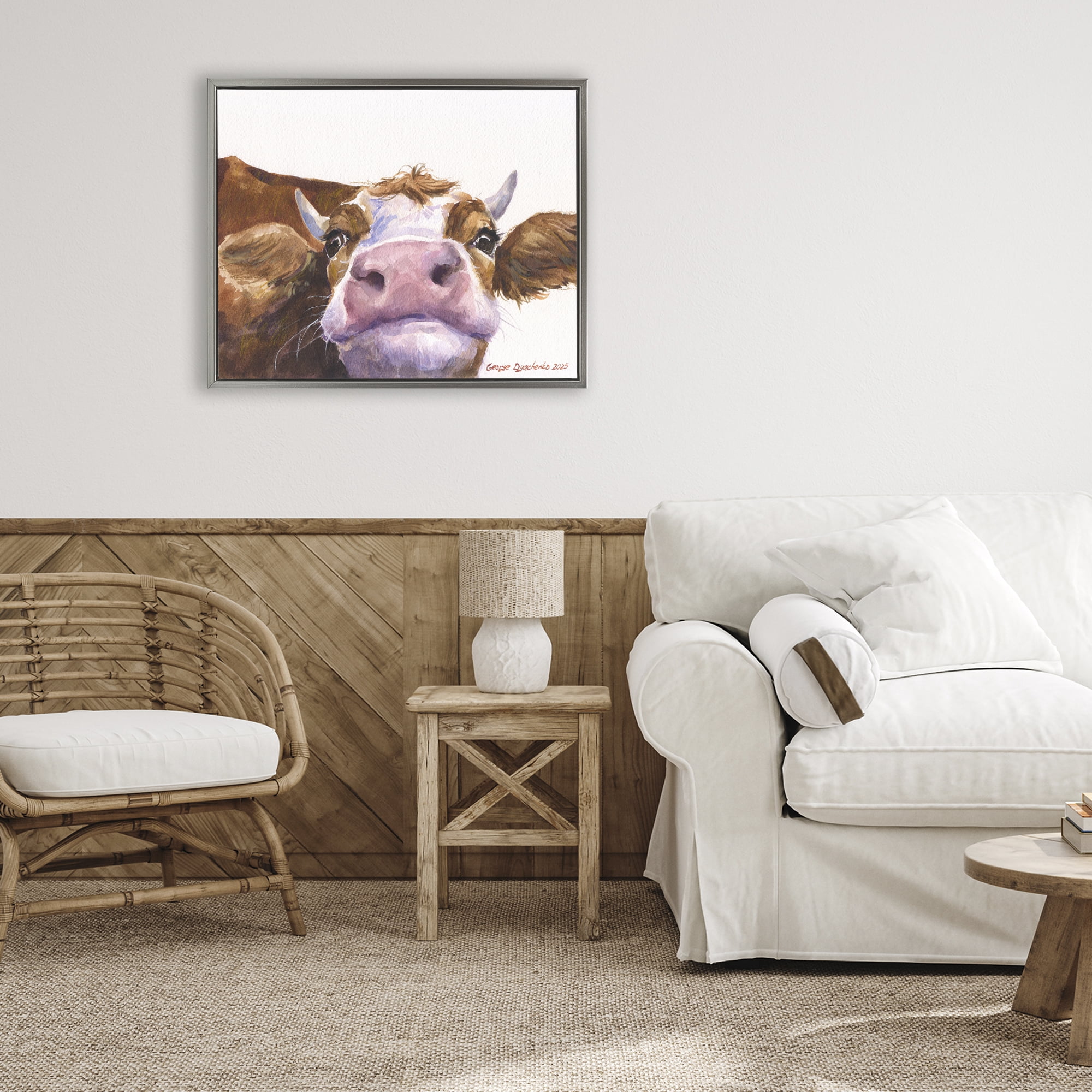 Stupell Industries Cute Cow Close Up Gray Framed Floater Canvas Wall Art, design by George Dyachenko