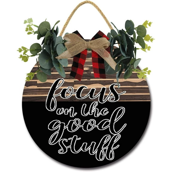 Eveokoki 12" Focus On The Good Door Sign Plaque,Welcome Wall Hanging Signs Front Door Decor Home Decorative Door Sign Wooden Plaque Hanger for Bedroom Porch Yard Decoration