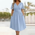 thumbnail image 2 of PBFRDSJ Bridesmaid Dresses for Wedding Elegant V Neck Flowy A Line Dress Womens Midi Length Pleated Puff Sleeve Modest Long Sundress, 2 of 6
