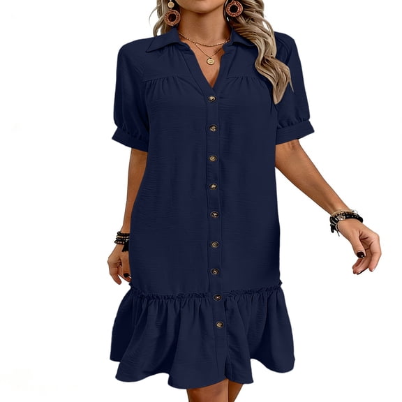 Bosfbaoi Dresses for Women Collared V Neck Short Sleeve Button Down Ruffle Hem Midi Shirt Dress